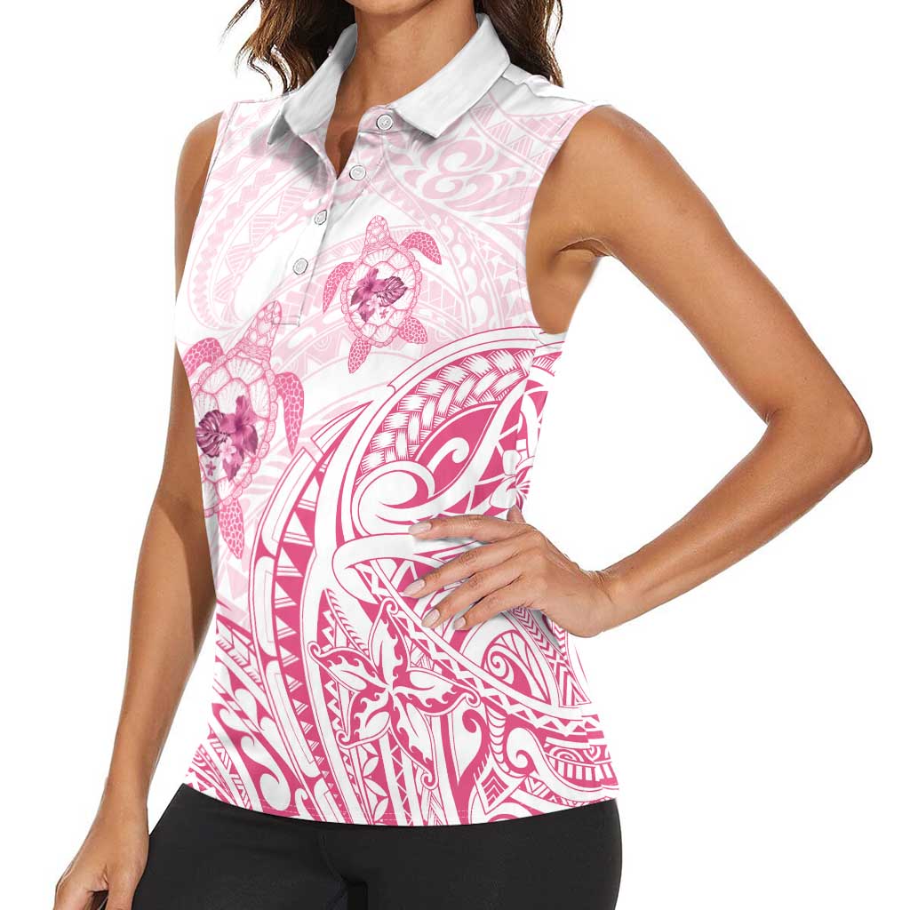Pink White Polynesia Floral Sea Turtle Women Sleeveless Polo Shirt - Polynesian Pride