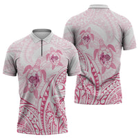 Pink White Polynesia Floral Sea Turtle Zipper Polo Shirt - Polynesian Pride