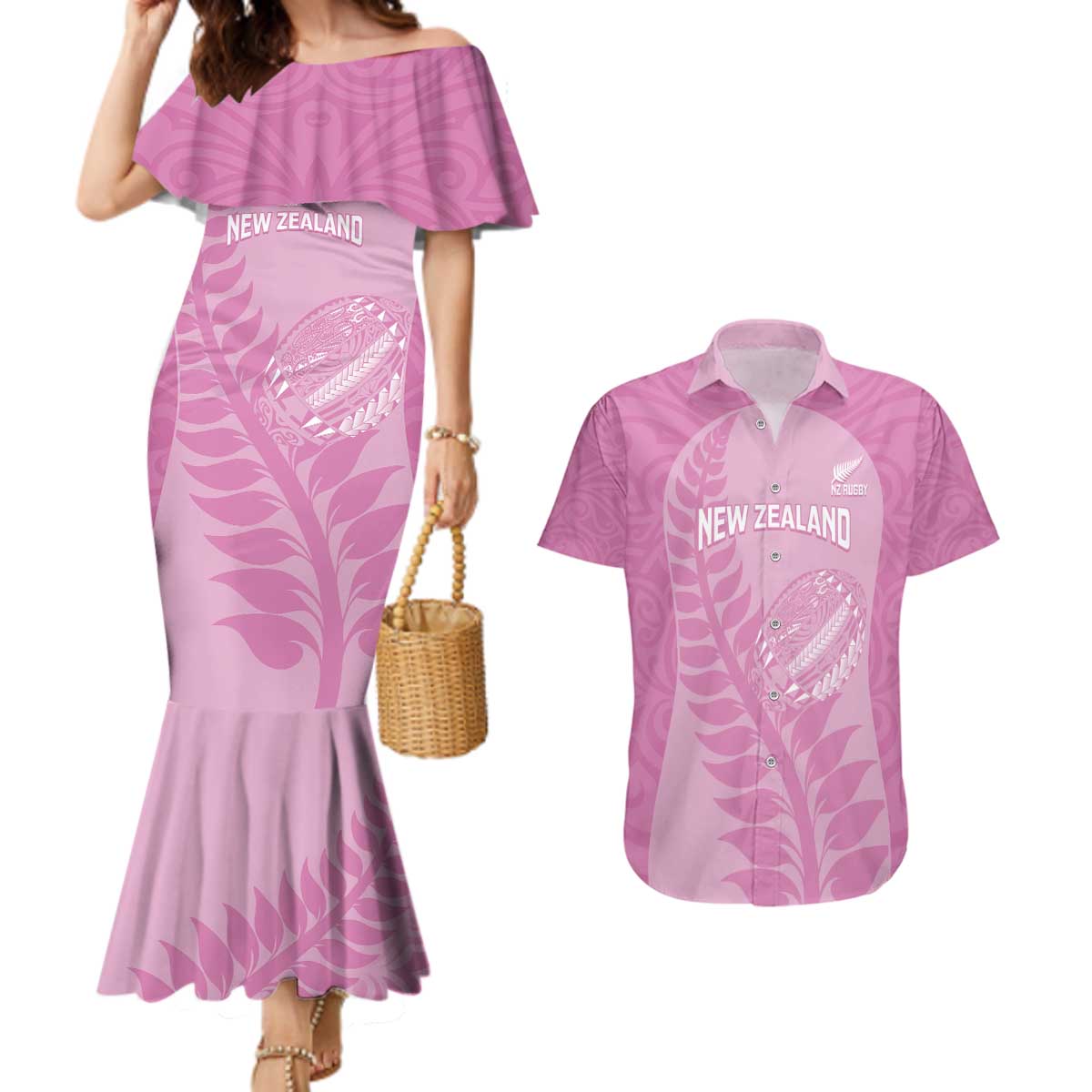 Custom New Zealand Silver Fern Rugby 2025 Couples Matching Mermaid Dress and Hawaiian Shirt All Black Aotearoa Maori Pink