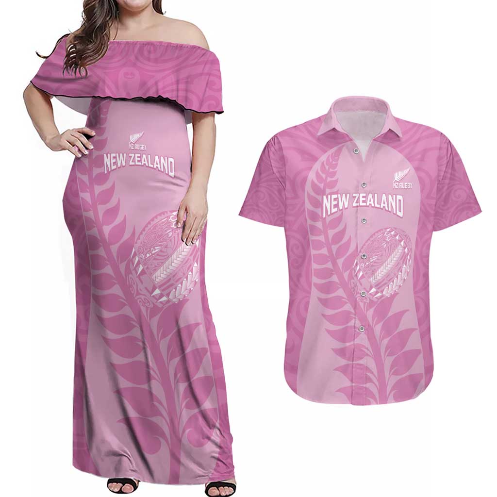 Custom New Zealand Silver Fern Rugby 2025 Couples Matching Off Shoulder Maxi Dress and Hawaiian Shirt All Black Aotearoa Maori Pink