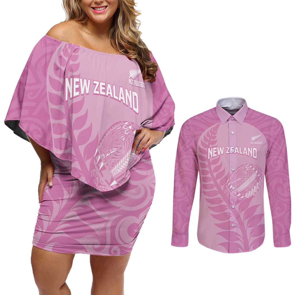 Custom New Zealand Silver Fern Rugby 2025 Couples Matching Off Shoulder Short Dress and Long Sleeve Button Shirt All Black Aotearoa Maori Pink