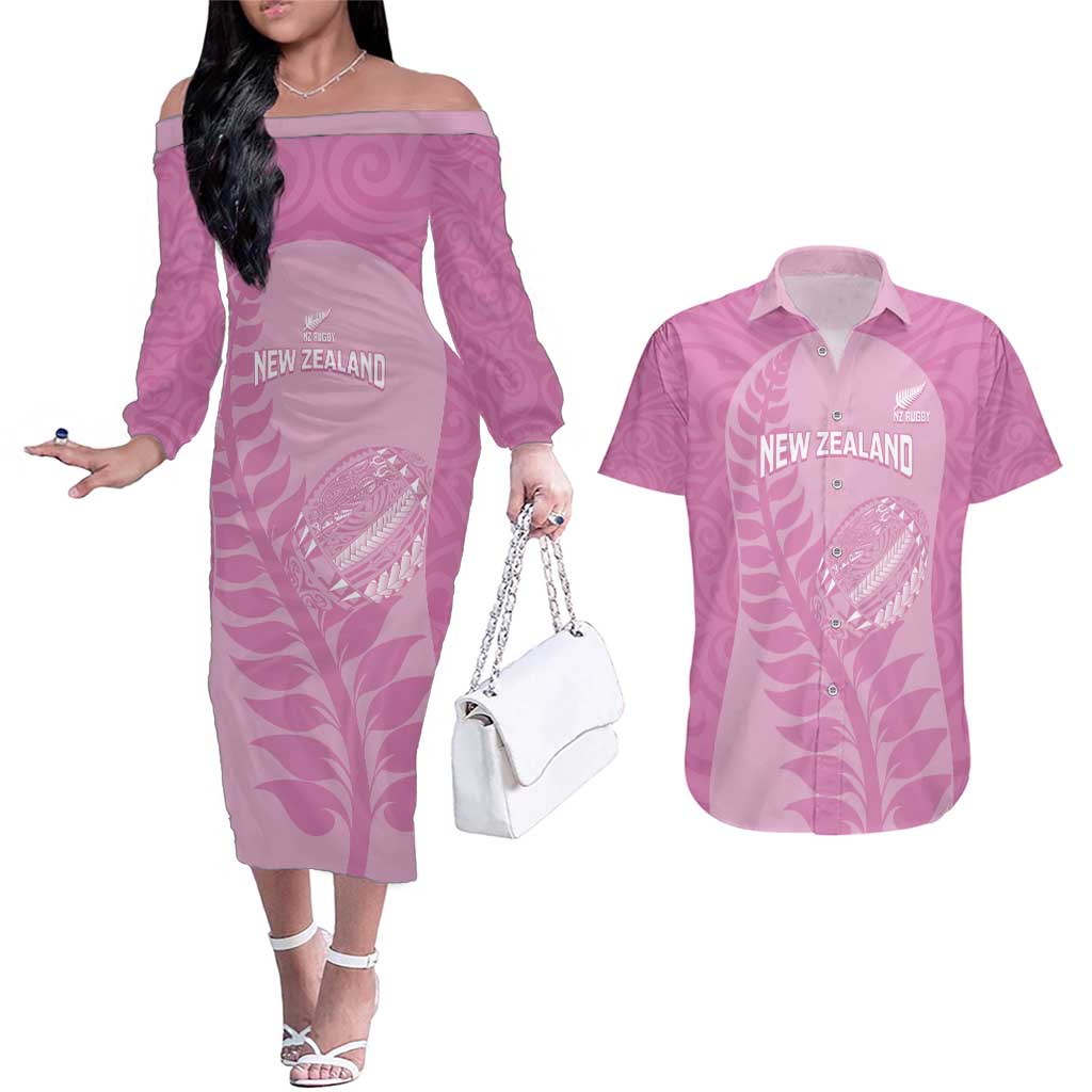 Custom New Zealand Silver Fern Rugby 2025 Couples Matching Off The Shoulder Long Sleeve Dress and Hawaiian Shirt All Black Aotearoa Maori Pink