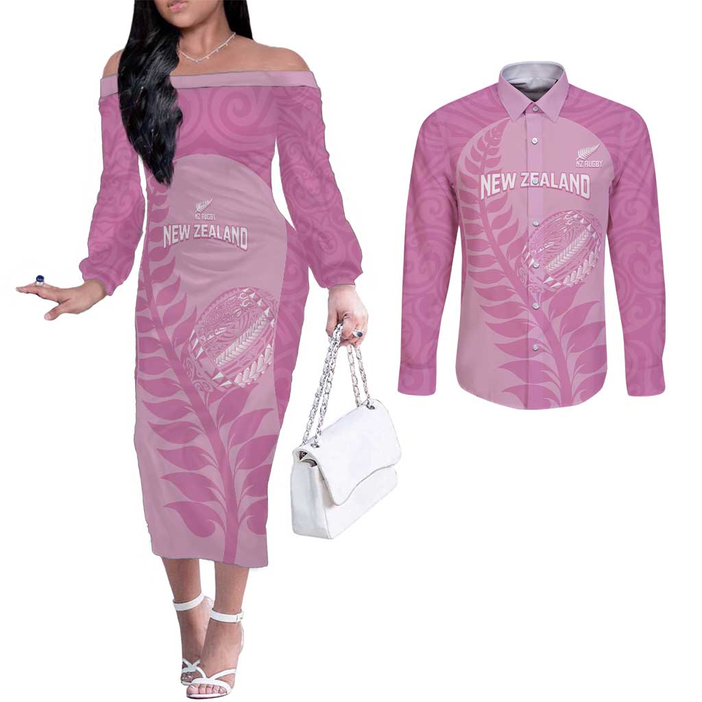 Custom New Zealand Silver Fern Rugby 2025 Couples Matching Off The Shoulder Long Sleeve Dress and Long Sleeve Button Shirt All Black Aotearoa Maori Pink