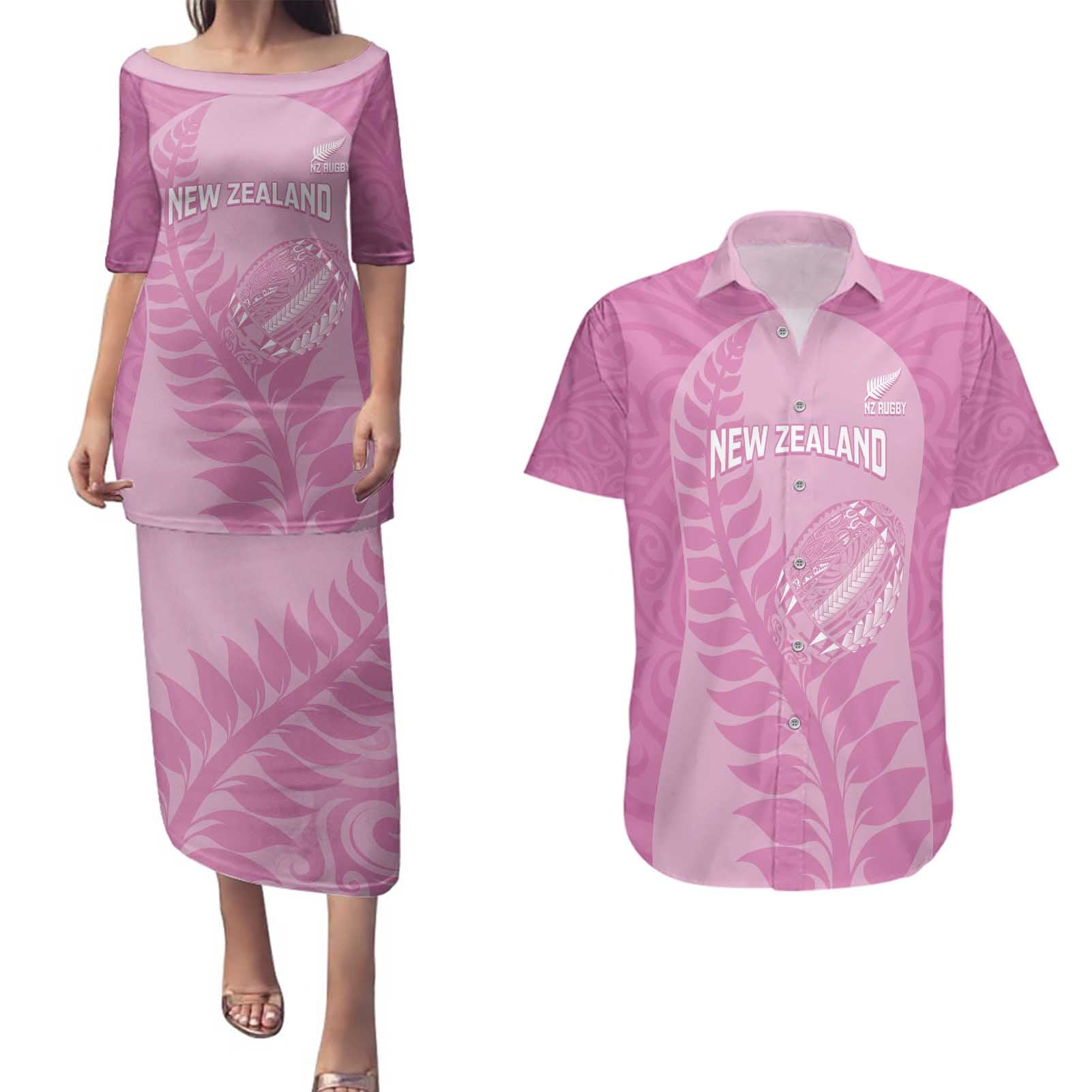 Custom New Zealand Silver Fern Rugby 2025 Couples Matching Puletasi and Hawaiian Shirt All Black Aotearoa Maori Pink