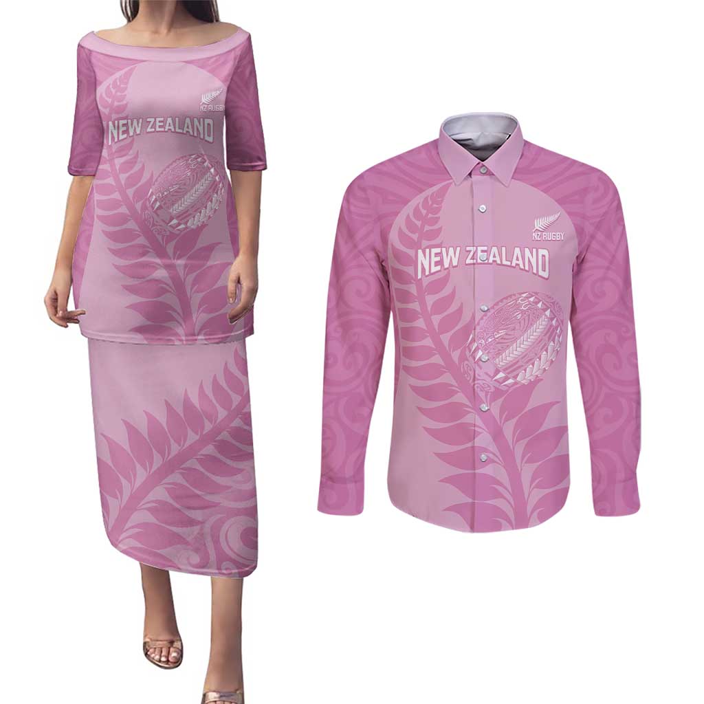 Custom New Zealand Silver Fern Rugby 2025 Couples Matching Puletasi and Long Sleeve Button Shirt All Black Aotearoa Maori Pink