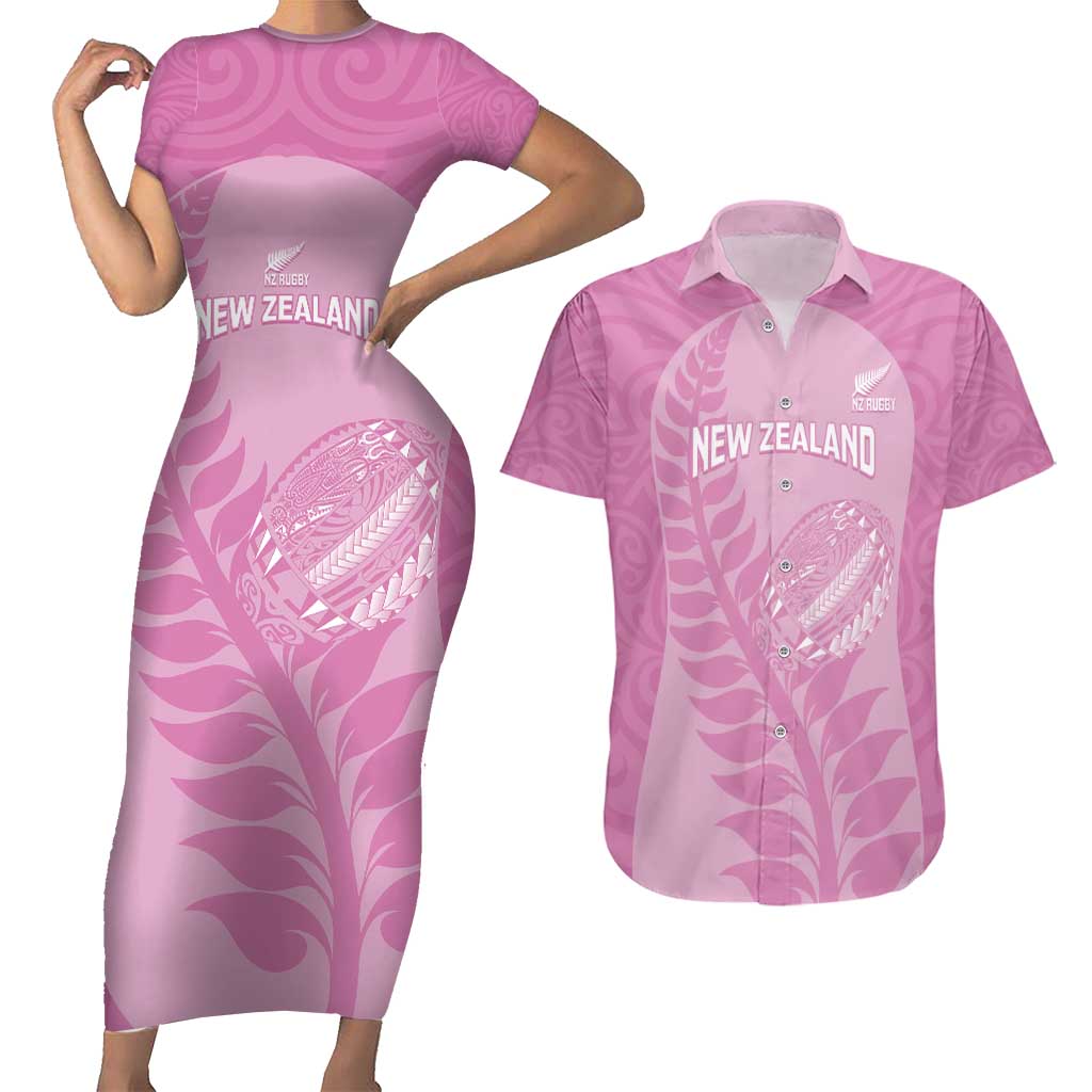 Custom New Zealand Silver Fern Rugby 2025 Couples Matching Short Sleeve Bodycon Dress and Hawaiian Shirt All Black Aotearoa Maori Pink