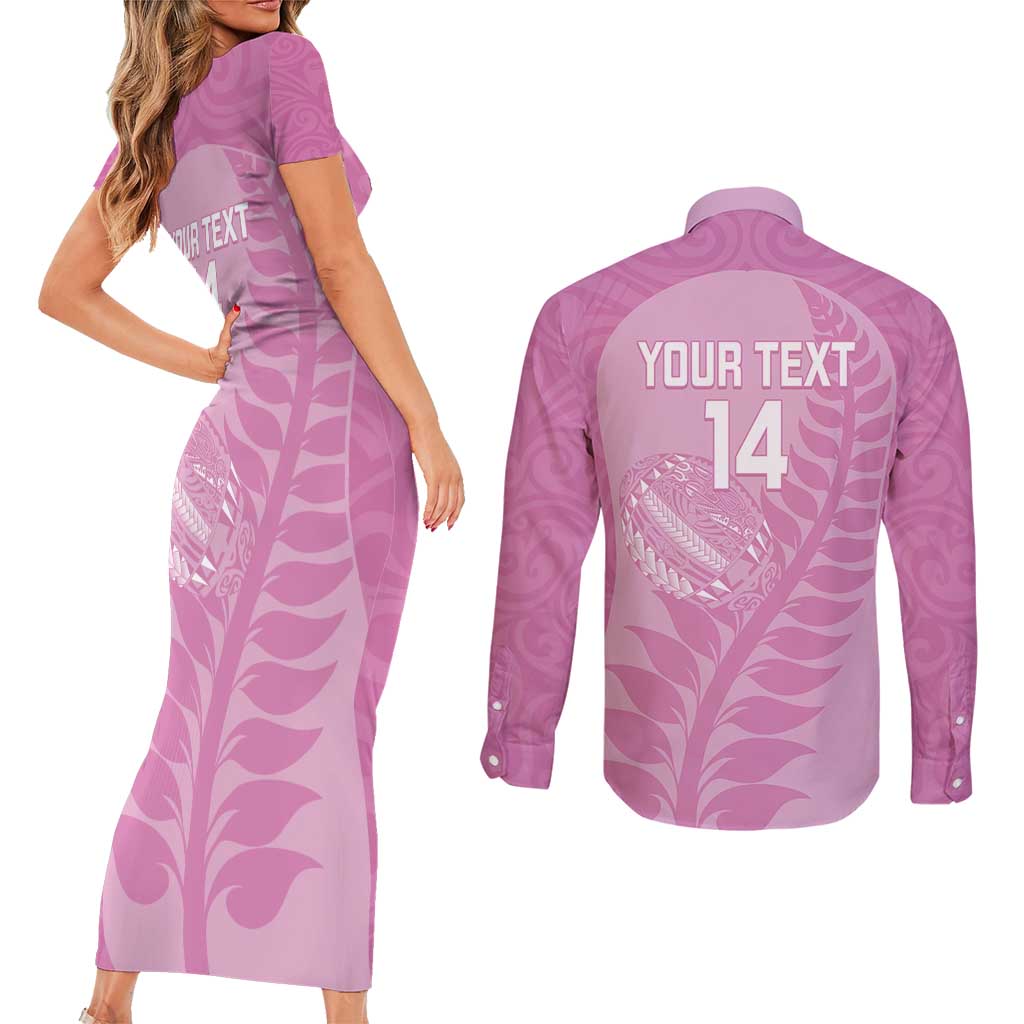 Custom New Zealand Silver Fern Rugby 2025 Couples Matching Short Sleeve Bodycon Dress and Long Sleeve Button Shirt All Black Aotearoa Maori Pink