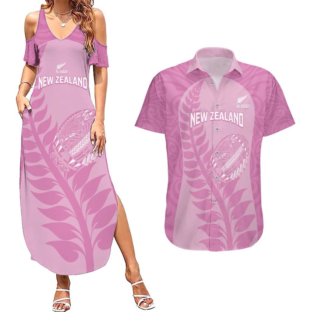 Custom New Zealand Silver Fern Rugby 2025 Couples Matching Summer Maxi Dress and Hawaiian Shirt All Black Aotearoa Maori Pink