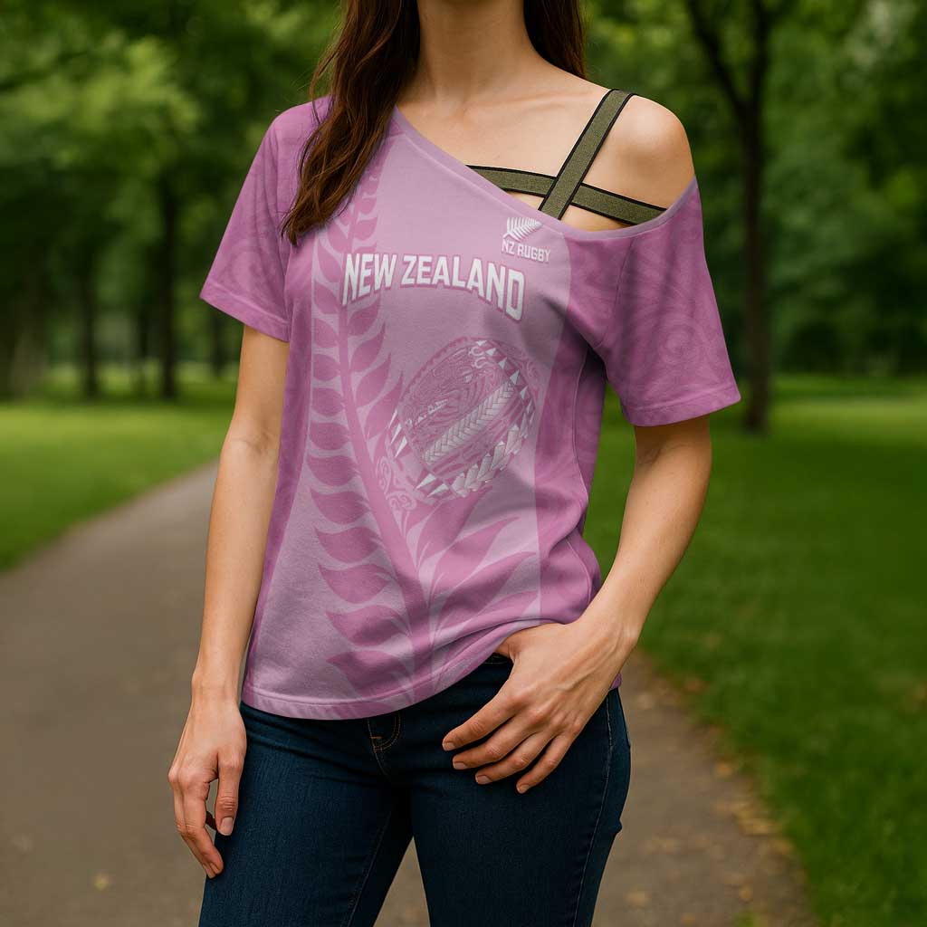 Custom New Zealand Silver Fern Rugby 2025 Cross Shoulder Shirt All Black Aotearoa Maori Pink - Polynesian Pride