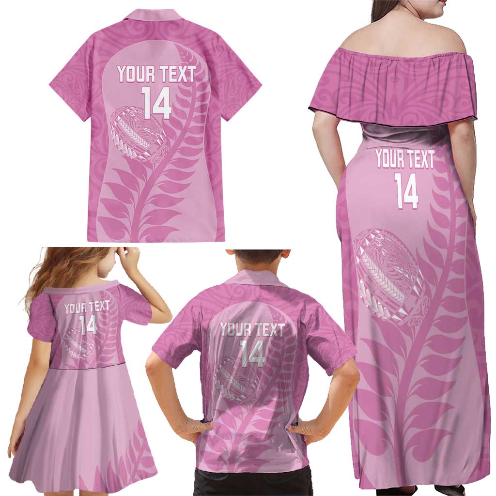 Custom New Zealand Silver Fern Rugby 2025 Family Matching Off Shoulder Maxi Dress and Hawaiian Shirt All Black Aotearoa Maori Pink