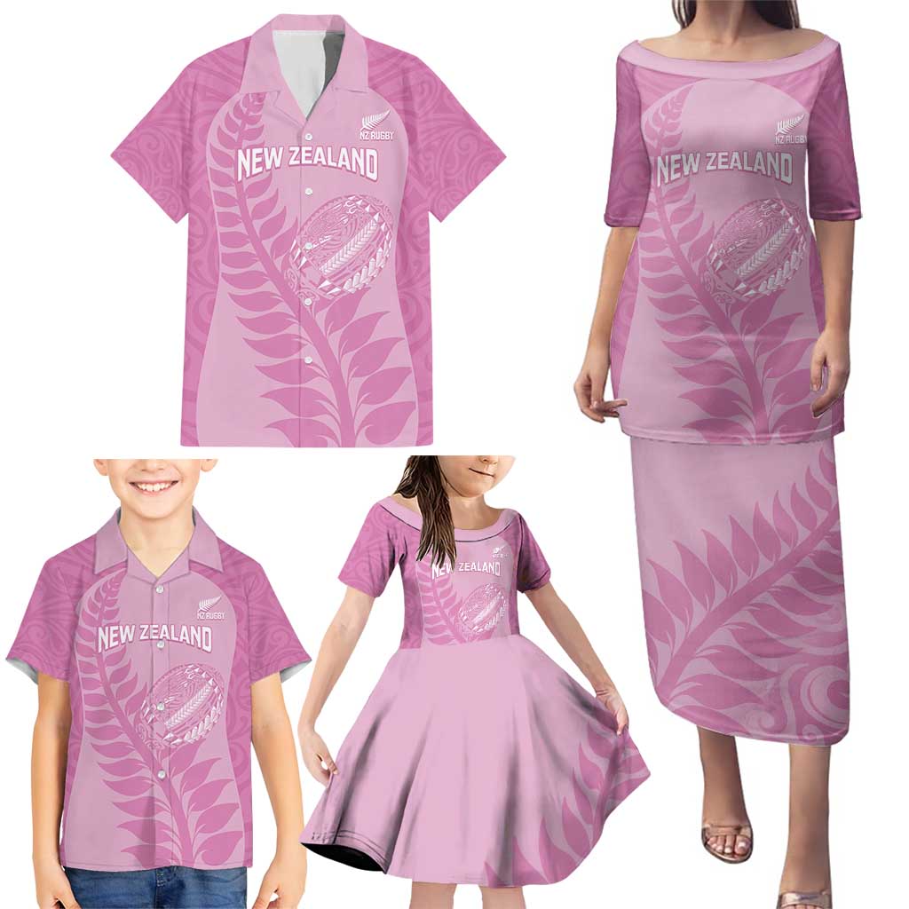 Custom New Zealand Silver Fern Rugby 2025 Family Matching Puletasi and Hawaiian Shirt All Black Aotearoa Maori Pink