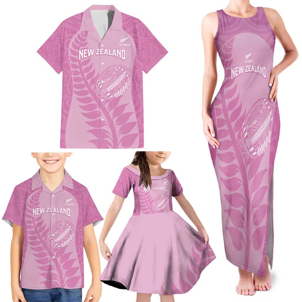 Custom New Zealand Silver Fern Rugby 2025 Family Matching Tank Maxi Dress and Hawaiian Shirt All Black Aotearoa Maori Pink