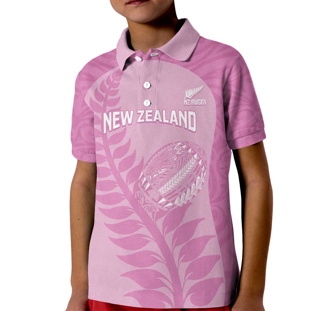 Custom New Zealand Silver Fern Rugby 2025 Kid Polo Shirt All Black Aotearoa Maori Pink