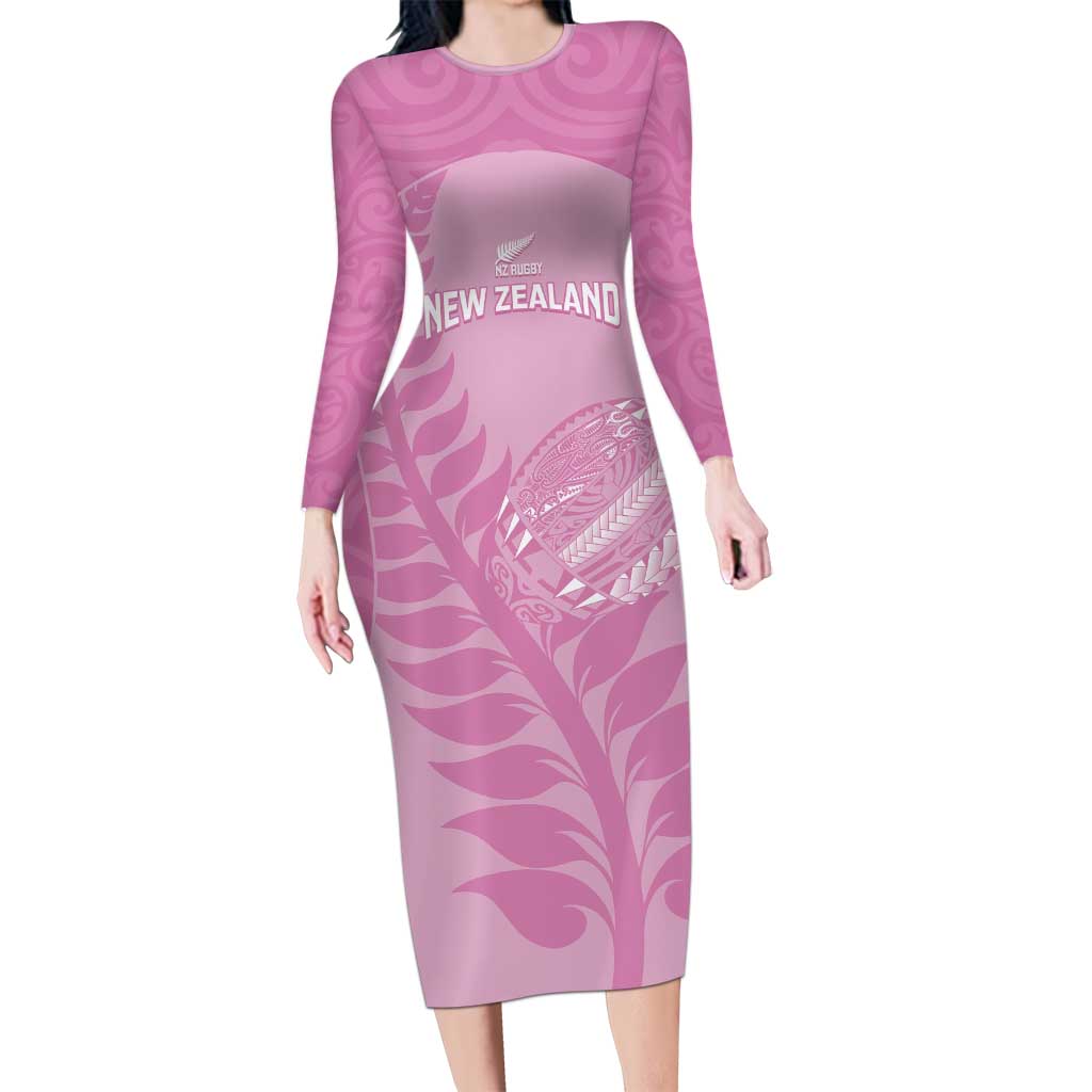 Custom New Zealand Silver Fern Rugby 2025 Long Sleeve Bodycon Dress All Black Aotearoa Maori Pink