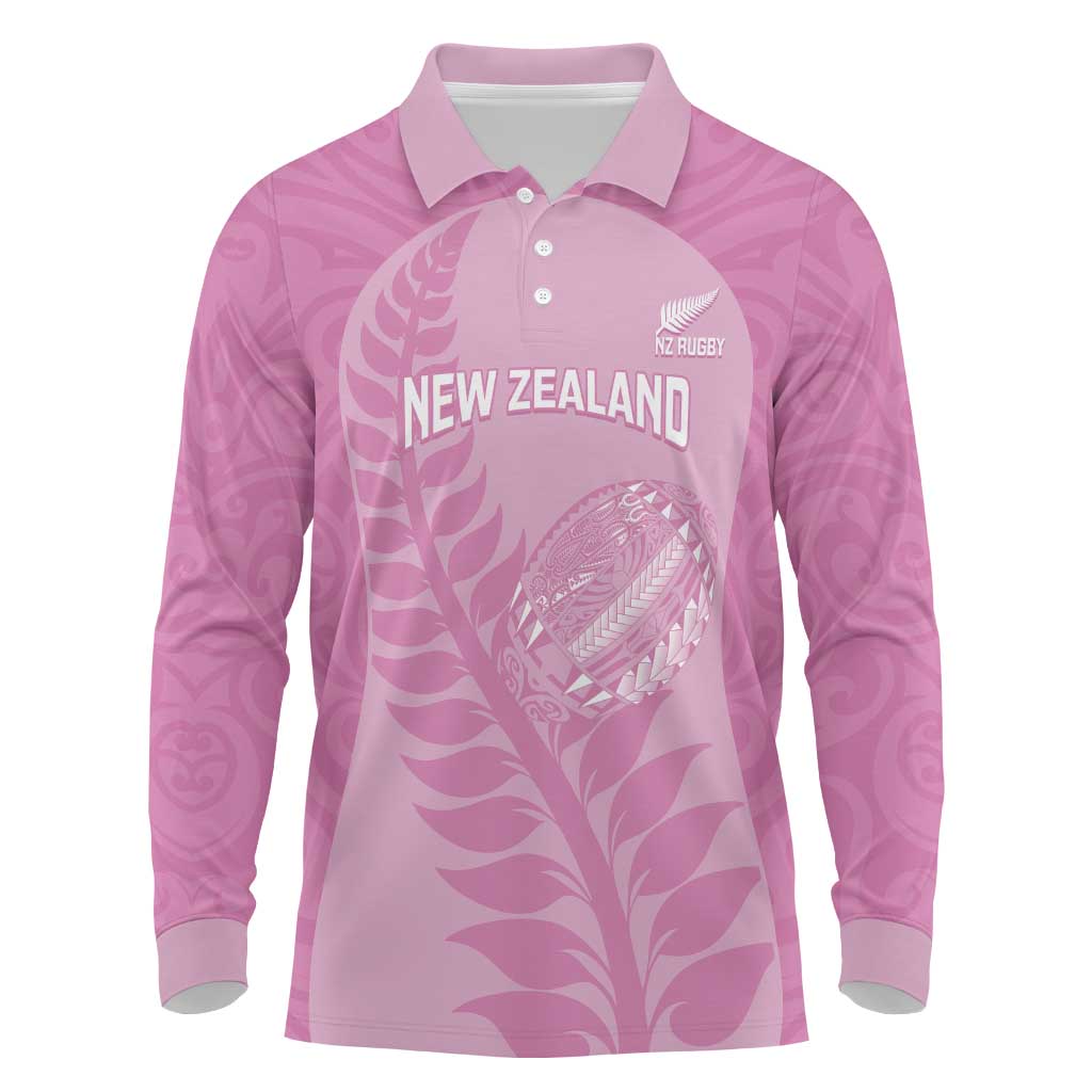 Custom New Zealand Silver Fern Rugby 2025 Long Sleeve Polo Shirt All Black Aotearoa Maori Pink