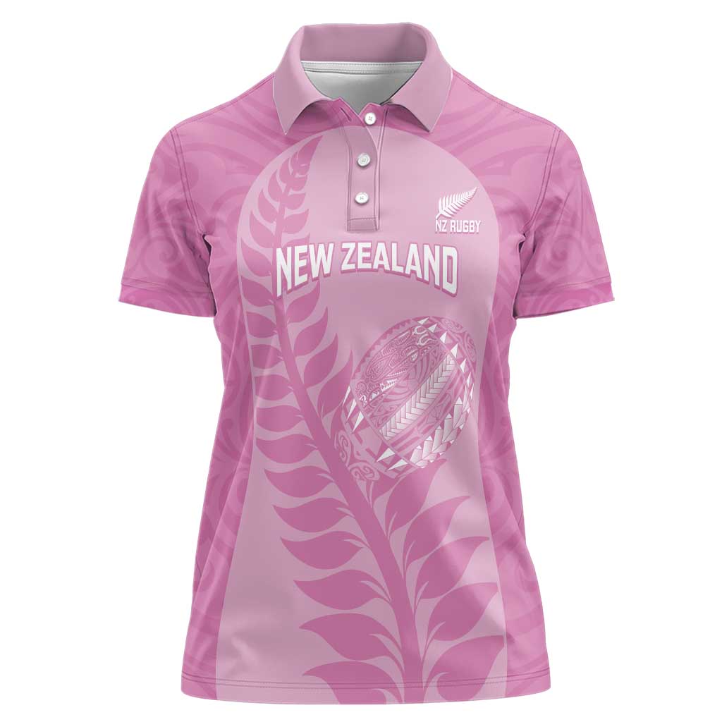 Custom New Zealand Silver Fern Rugby 2025 Women Polo Shirt All Black Aotearoa Maori Pink