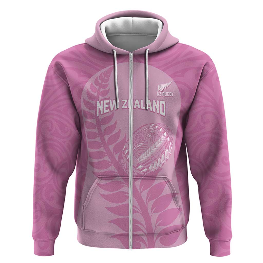 Custom New Zealand Silver Fern Rugby 2025 Zip Hoodie All Black Aotearoa Maori Pink