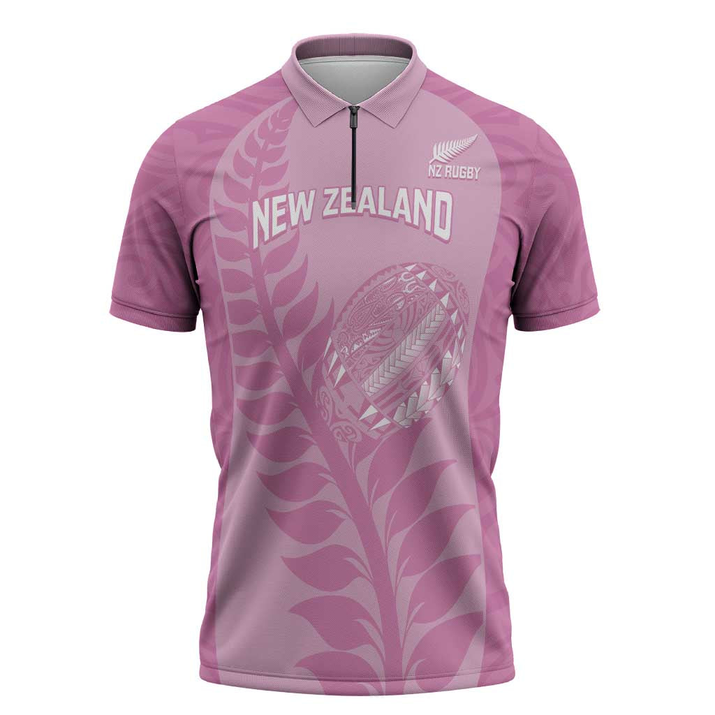 Custom New Zealand Silver Fern Rugby 2025 Zipper Polo Shirt All Black Aotearoa Maori Pink - Polynesian Pride