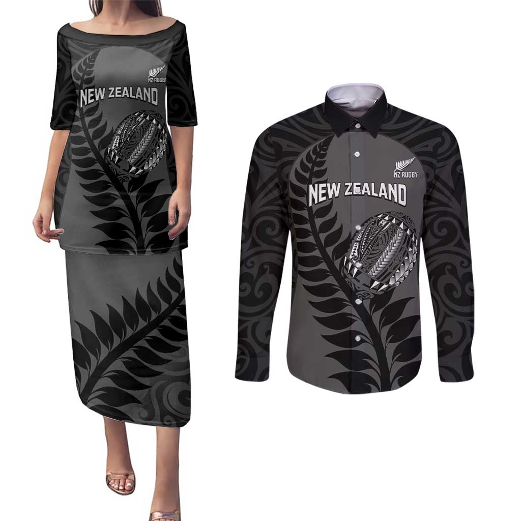 Custom New Zealand Silver Fern Rugby 2025 Couples Matching Puletasi and Long Sleeve Button Shirt Go Champions Aotearoa Maori Black