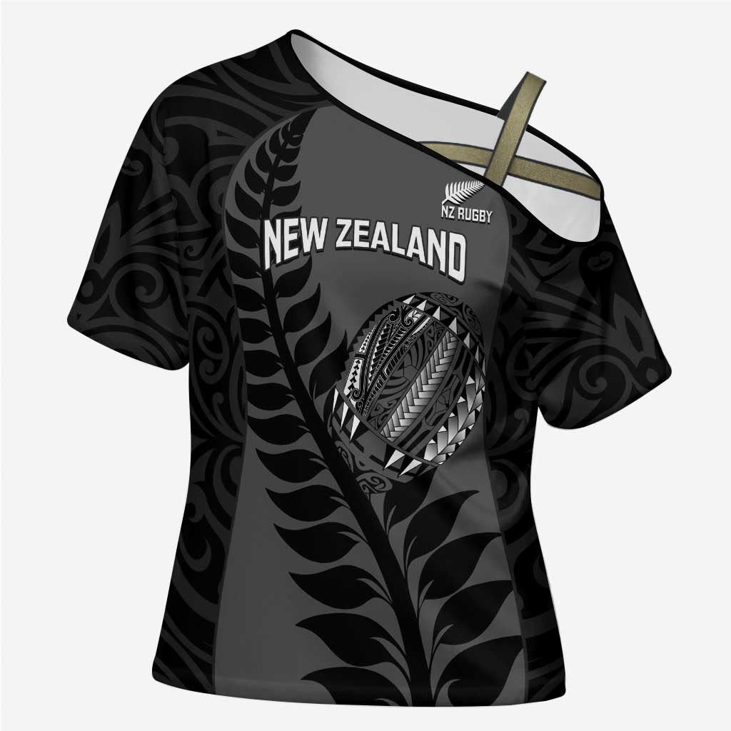 Custom New Zealand Silver Fern Rugby 2025 Cross Shoulder Shirt Go Champions Aotearoa Maori Black - Polynesian Pride