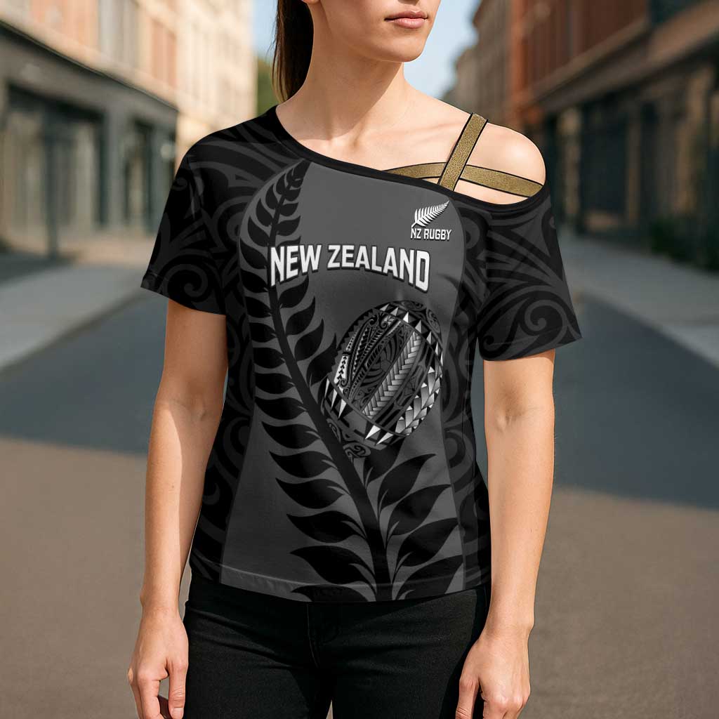 Custom New Zealand Silver Fern Rugby 2025 Cross Shoulder Shirt Go Champions Aotearoa Maori Black - Polynesian Pride