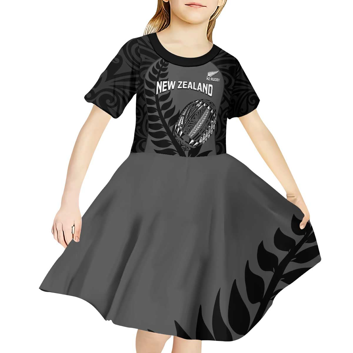Custom New Zealand Silver Fern Rugby 2025 Kid Short Sleeve Dress Go Champions Aotearoa Maori Black