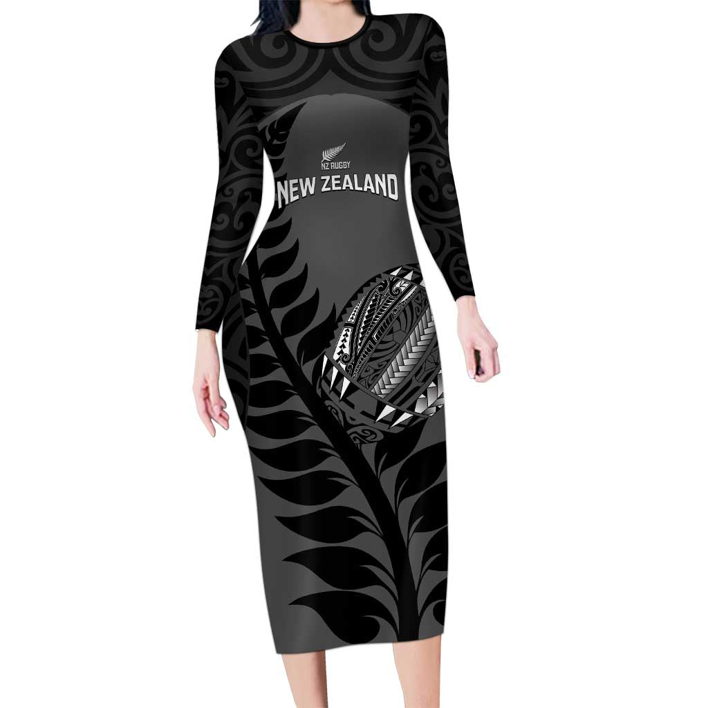 Custom New Zealand Silver Fern Rugby 2025 Long Sleeve Bodycon Dress Go Champions Aotearoa Maori Black