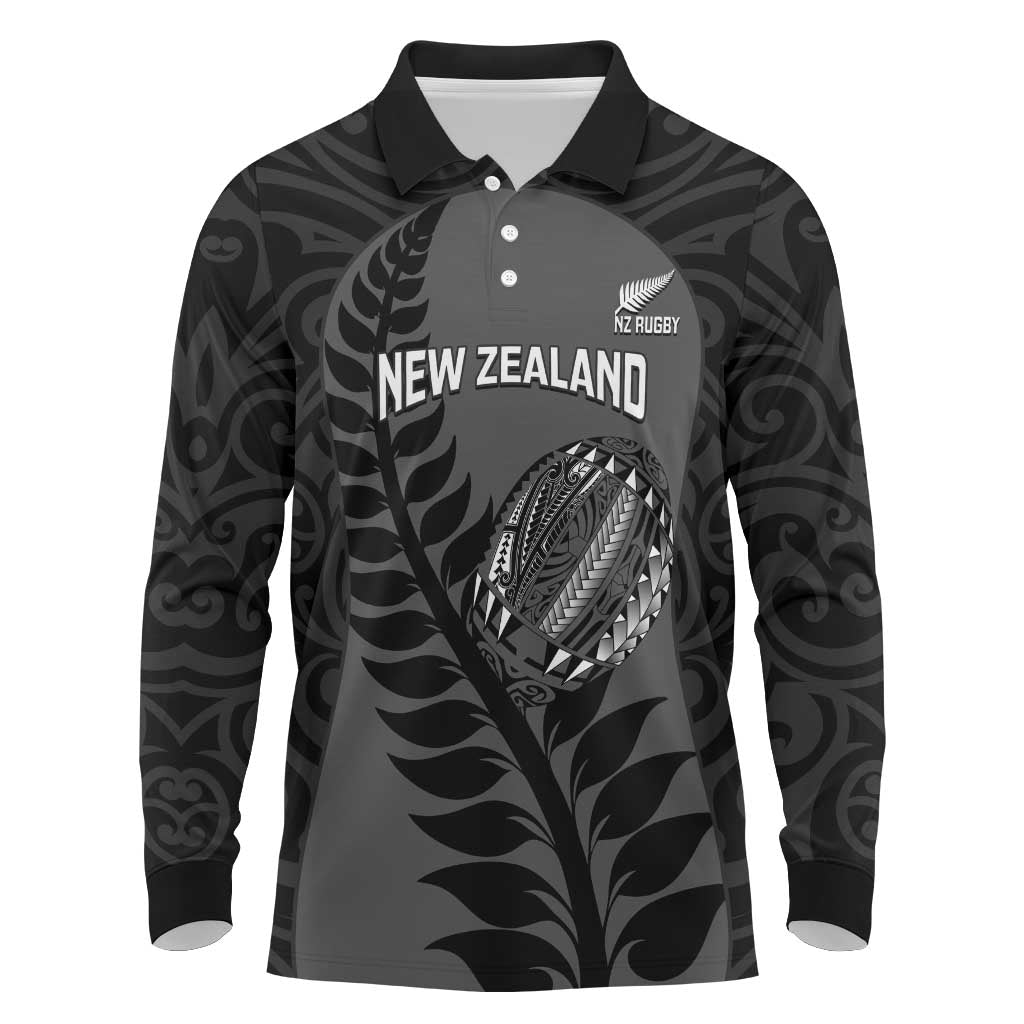 Custom New Zealand Silver Fern Rugby 2025 Long Sleeve Polo Shirt Go Champions Aotearoa Maori Black