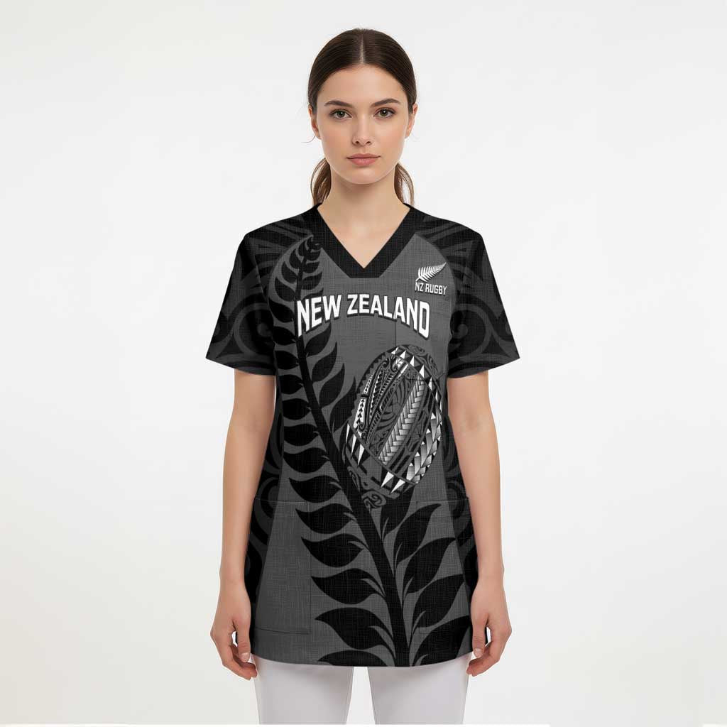 Custom New Zealand Silver Fern Rugby 2025 Scrub Top Go Champions Aotearoa Maori Black - Polynesian Pride