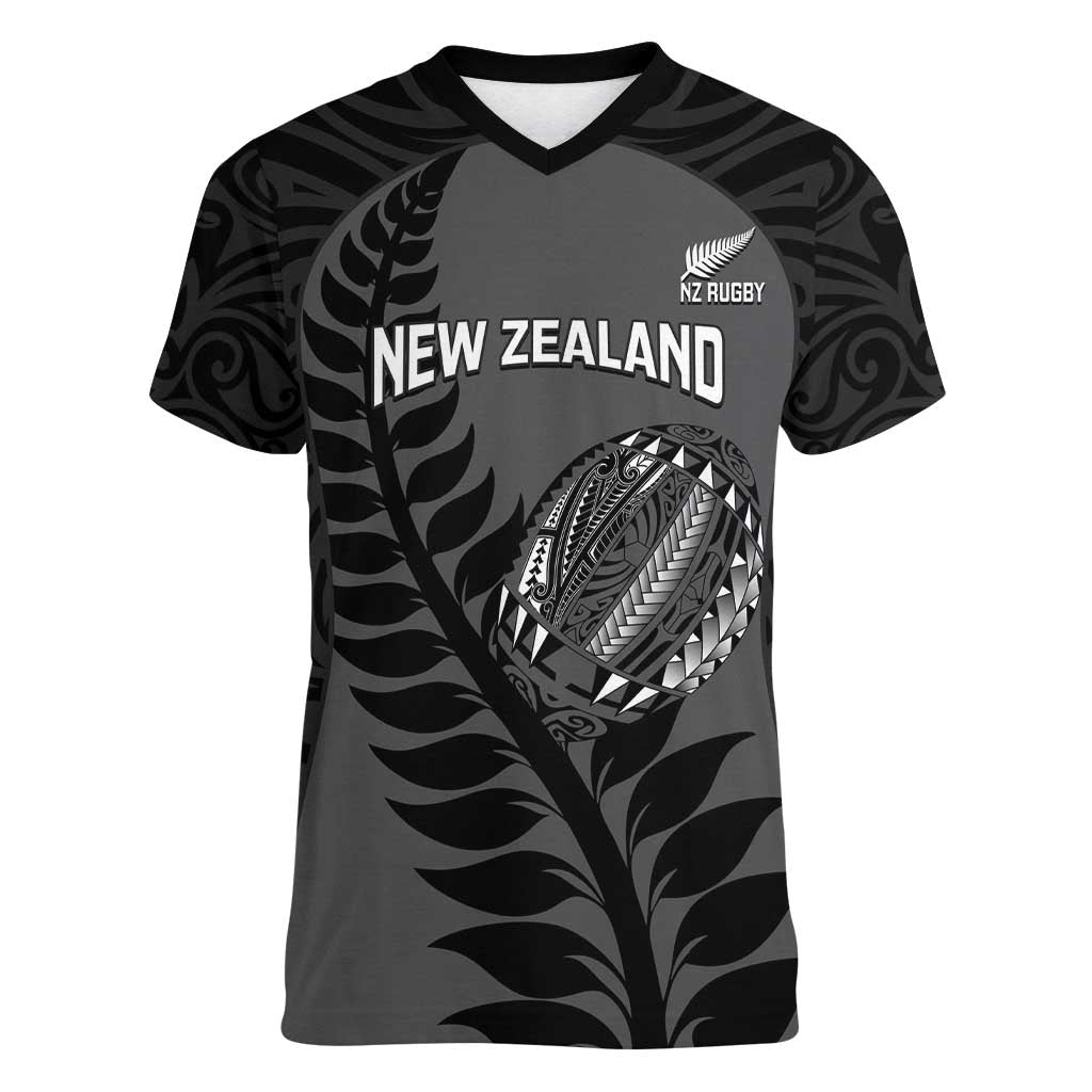 Custom New Zealand Silver Fern Rugby 2025 Women V-Neck T-Shirt Go Champions Aotearoa Maori Black