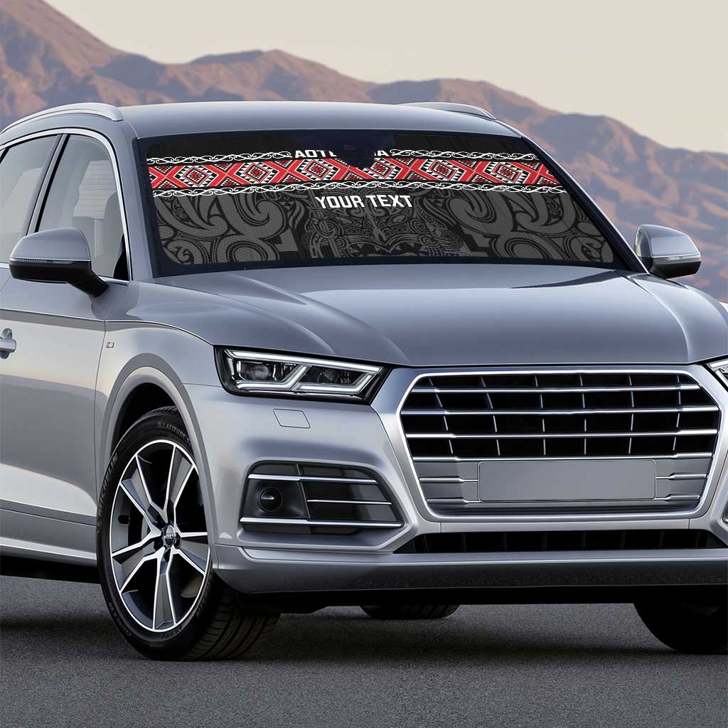 Custom New Zealand Silver Fern Rugby Auto Sun Shade All Black Maori Taniko Pattern - Polynesian Pride