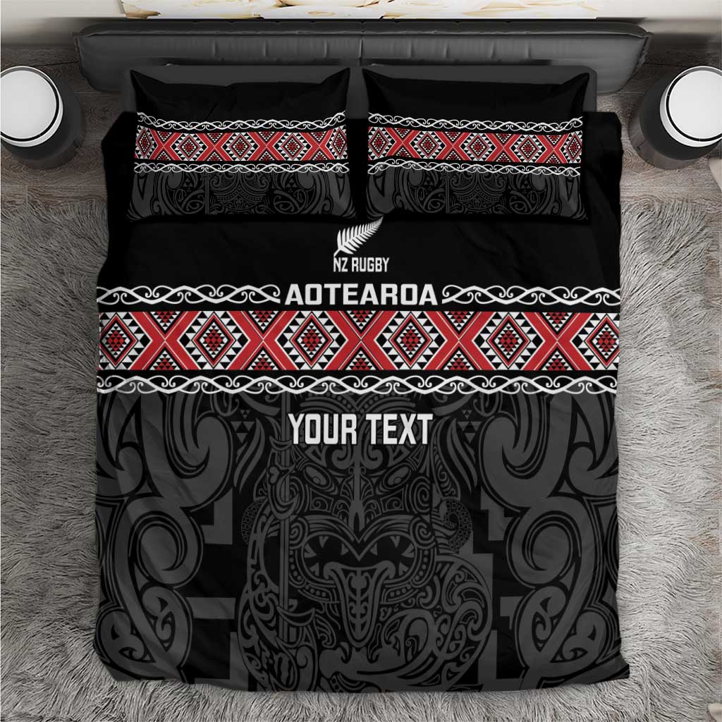 Custom New Zealand Silver Fern Rugby Bedding Set All Black Maori Taniko Pattern