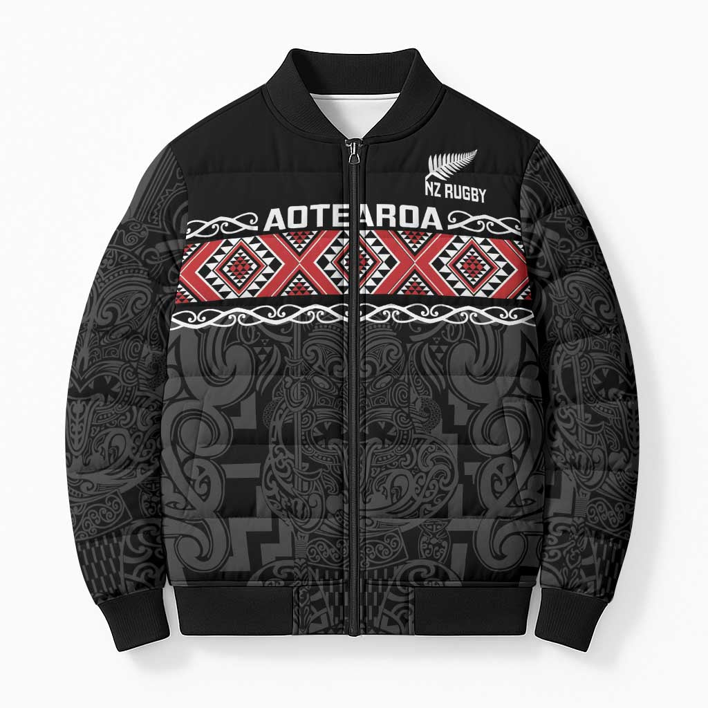 Custom New Zealand Silver Fern Rugby Bomber Puffer Jacket All Black Maori Taniko Pattern - Polynesian Pride