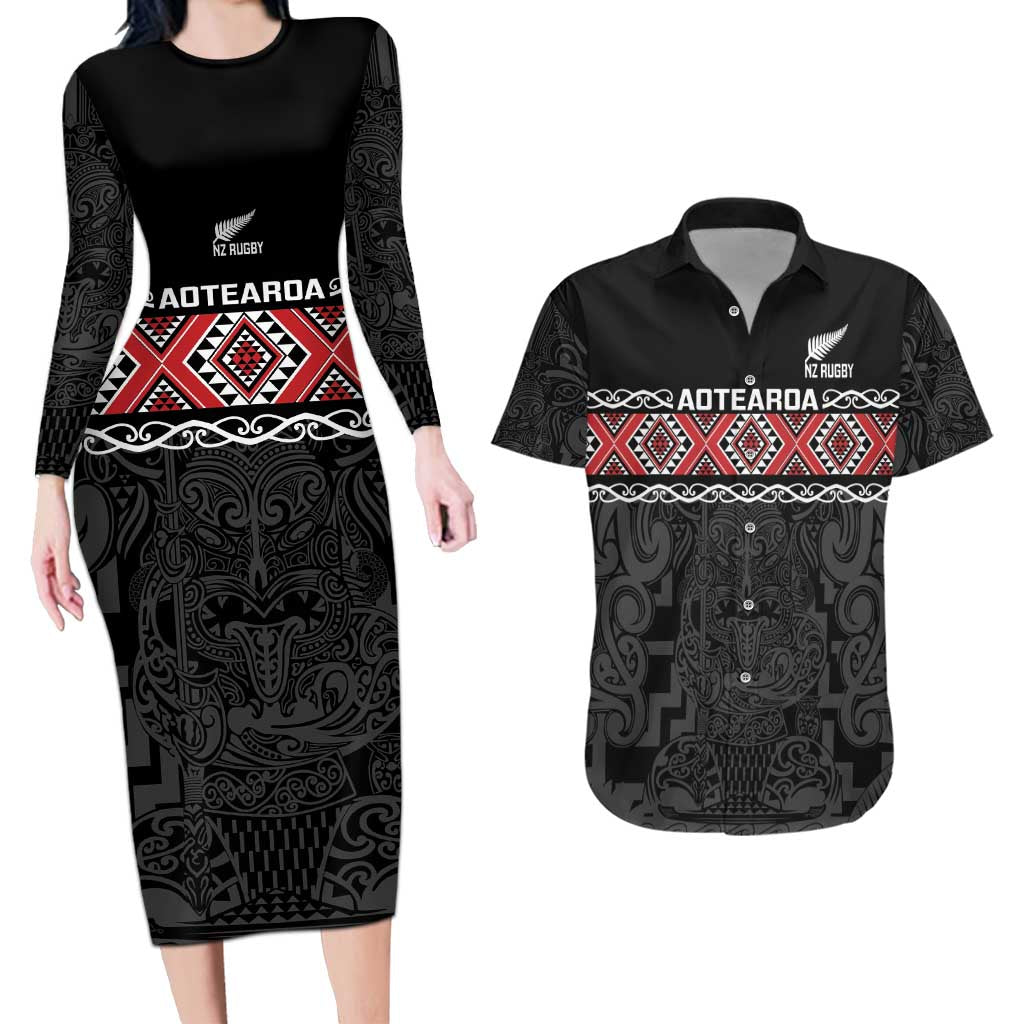 Custom New Zealand Silver Fern Rugby Couples Matching Long Sleeve Bodycon Dress and Hawaiian Shirt All Black Maori Taniko Pattern