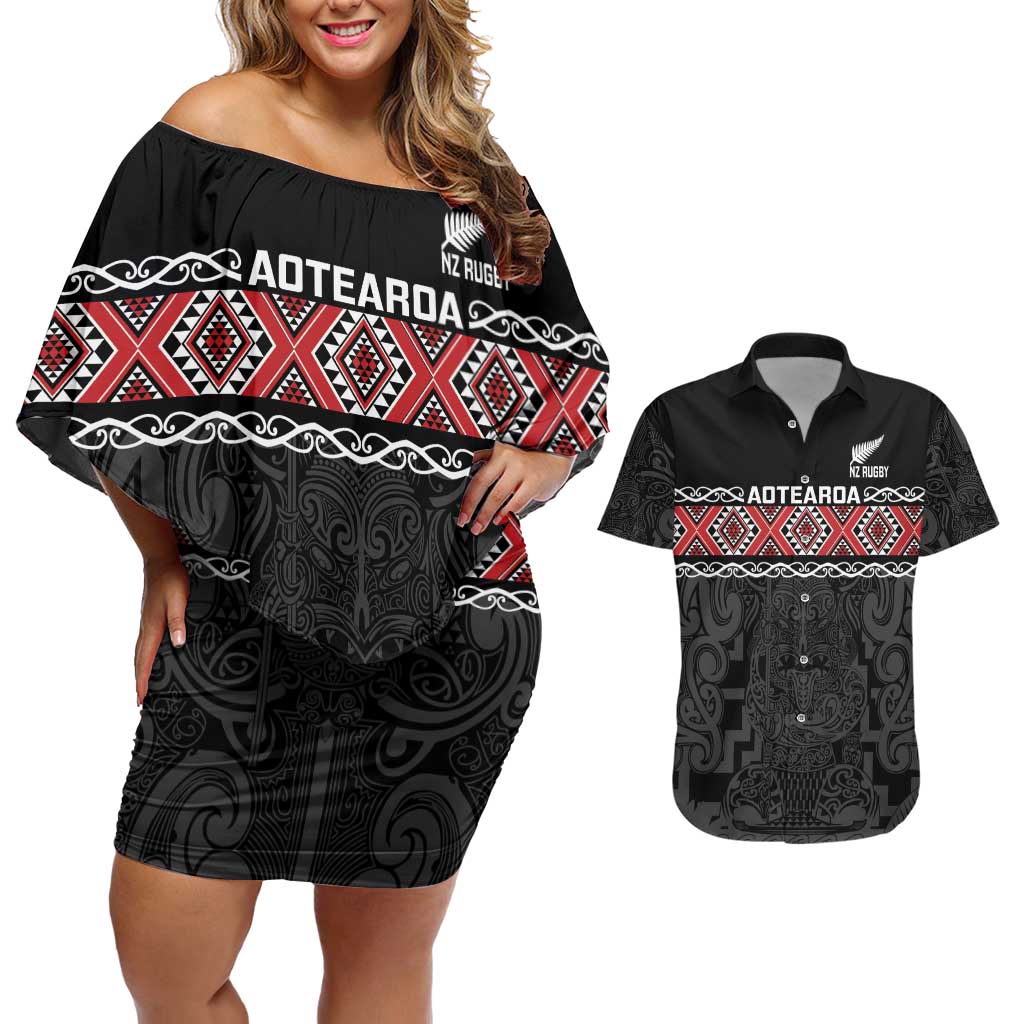 Custom New Zealand Silver Fern Rugby Couples Matching Off Shoulder Short Dress and Hawaiian Shirt All Black Maori Taniko Pattern