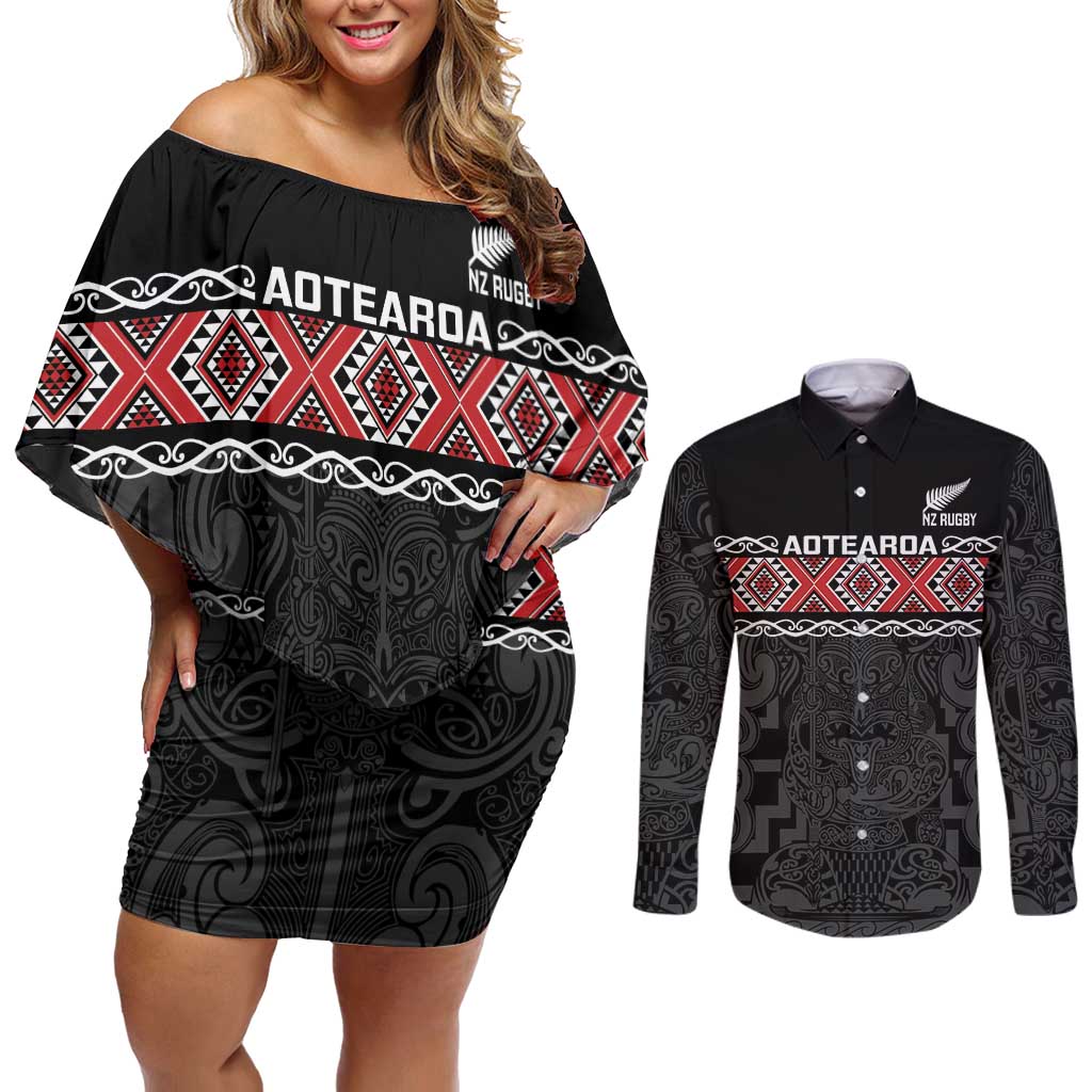 Custom New Zealand Silver Fern Rugby Couples Matching Off Shoulder Short Dress and Long Sleeve Button Shirt All Black Maori Taniko Pattern