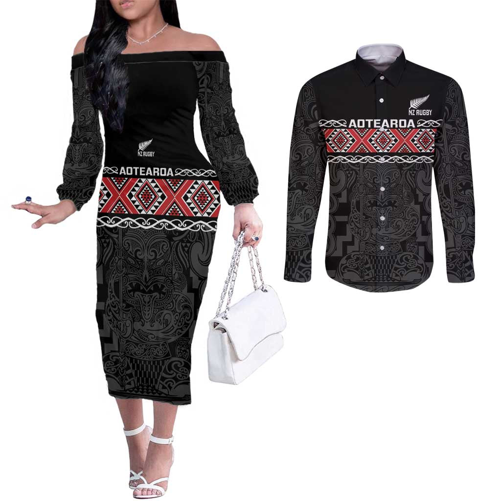 Custom New Zealand Silver Fern Rugby Couples Matching Off The Shoulder Long Sleeve Dress and Long Sleeve Button Shirt All Black Maori Taniko Pattern