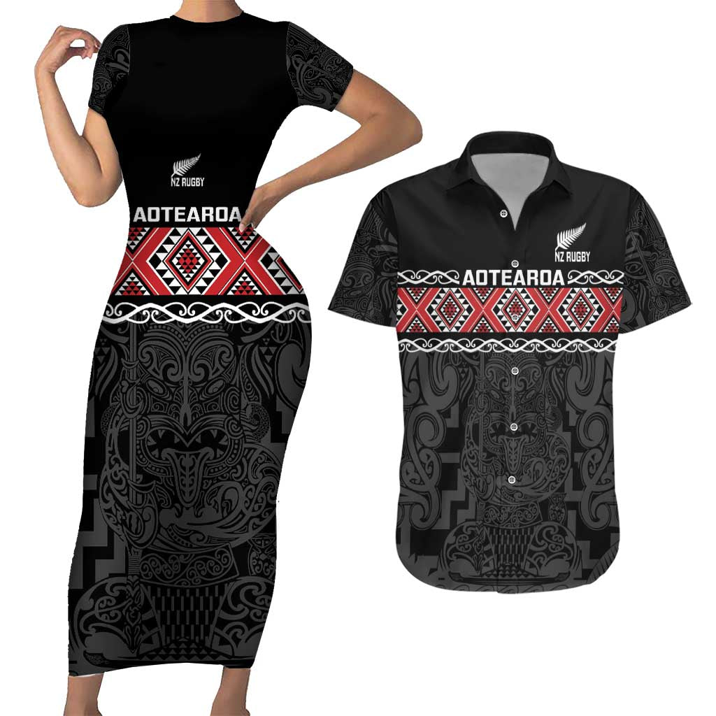 Custom New Zealand Silver Fern Rugby Couples Matching Short Sleeve Bodycon Dress and Hawaiian Shirt All Black Maori Taniko Pattern