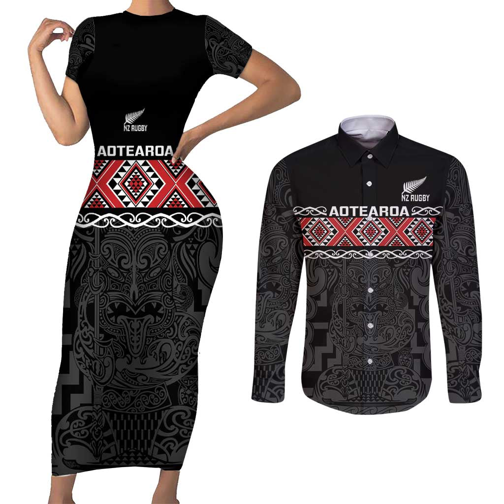 Custom New Zealand Silver Fern Rugby Couples Matching Short Sleeve Bodycon Dress and Long Sleeve Button Shirt All Black Maori Taniko Pattern