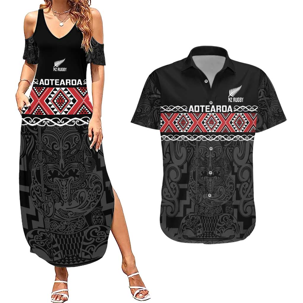 Custom New Zealand Silver Fern Rugby Couples Matching Summer Maxi Dress and Hawaiian Shirt All Black Maori Taniko Pattern