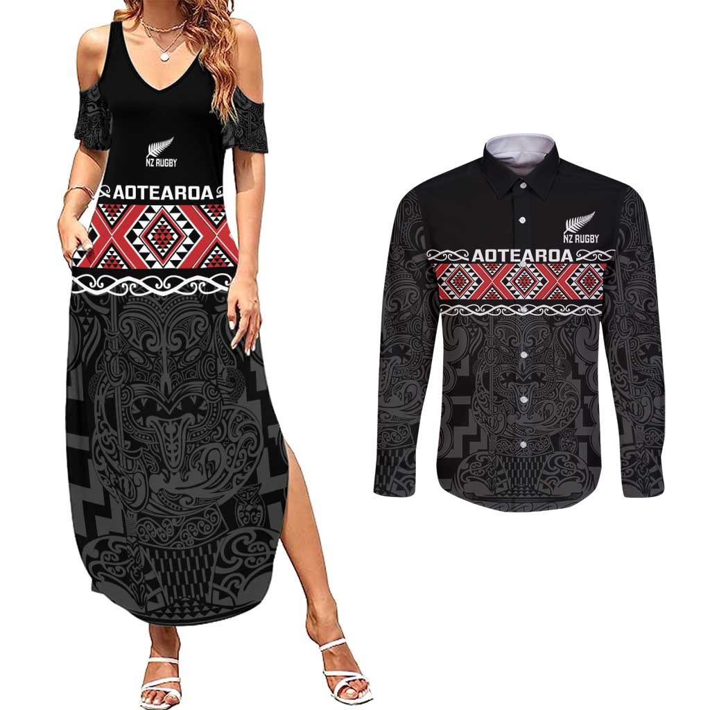 Custom New Zealand Silver Fern Rugby Couples Matching Summer Maxi Dress and Long Sleeve Button Shirt All Black Maori Taniko Pattern