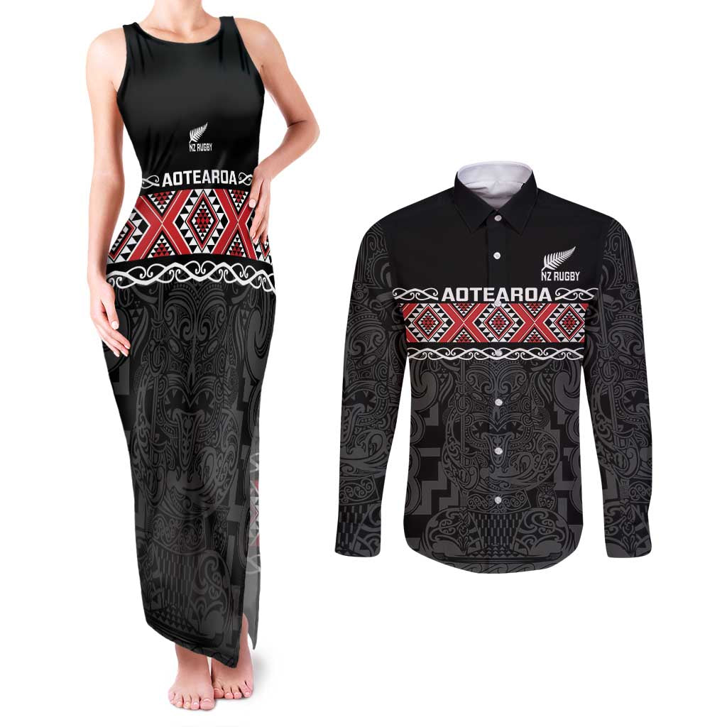 Custom New Zealand Silver Fern Rugby Couples Matching Tank Maxi Dress and Long Sleeve Button Shirt All Black Maori Taniko Pattern