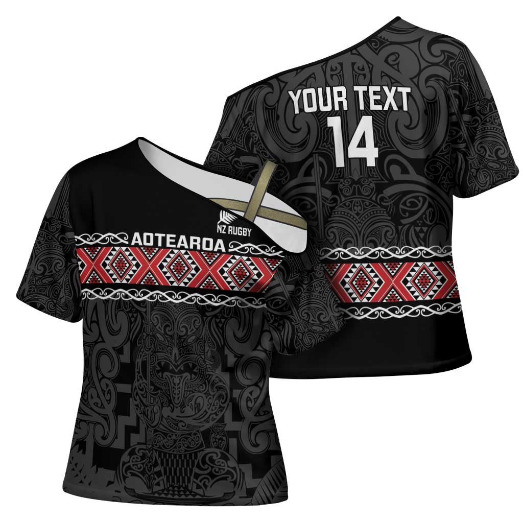 Custom New Zealand Silver Fern Rugby Cross Shoulder Shirt All Black Maori Taniko Pattern - Polynesian Pride