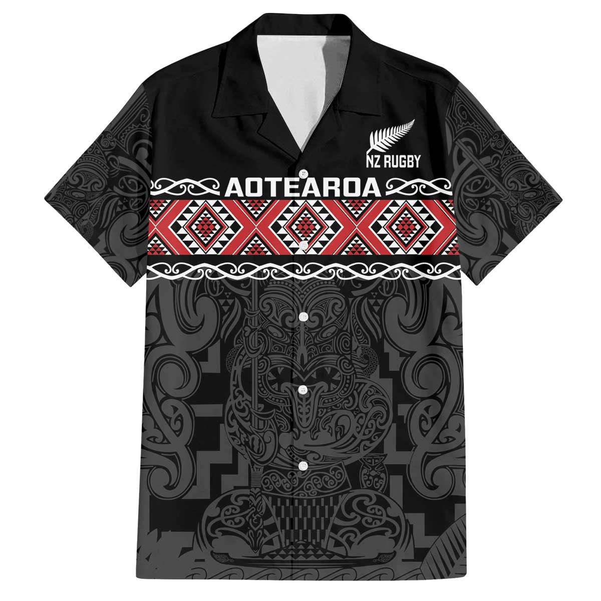 Custom New Zealand Silver Fern Rugby Family Matching Off The Shoulder Long Sleeve Dress and Hawaiian Shirt All Black Maori Taniko Pattern