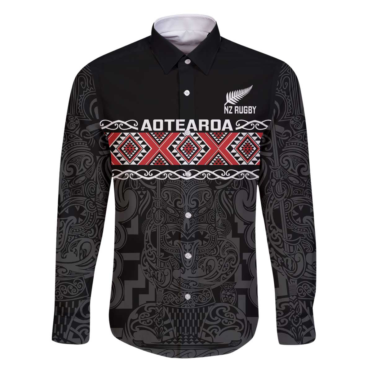 Custom New Zealand Silver Fern Rugby Family Matching Off The Shoulder Long Sleeve Dress and Hawaiian Shirt All Black Maori Taniko Pattern