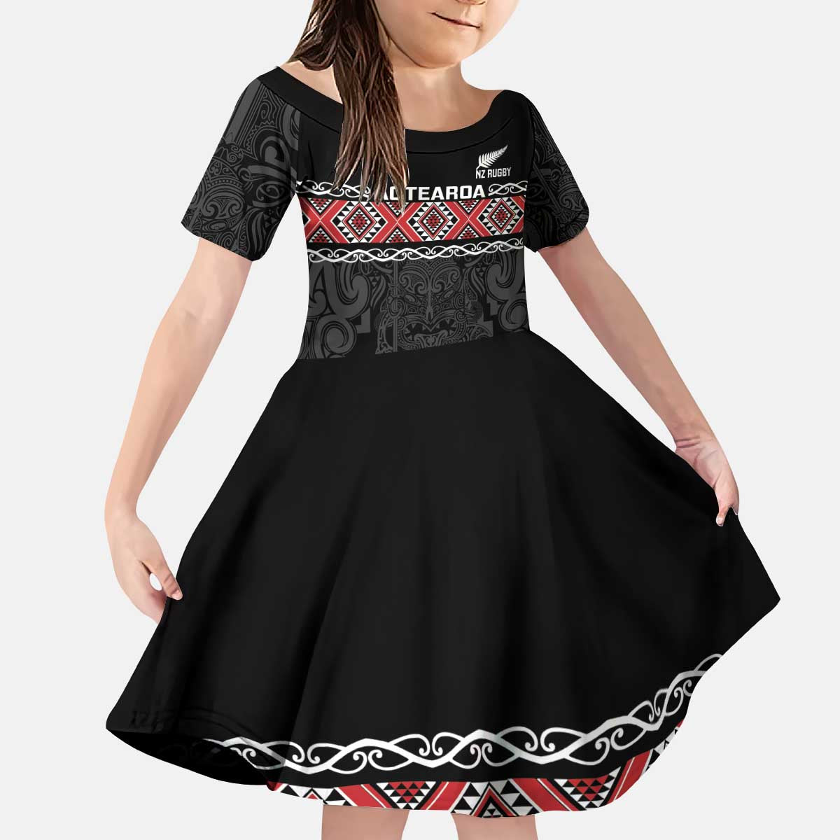 Custom New Zealand Silver Fern Rugby Kid Short Sleeve Dress All Black Maori Taniko Pattern