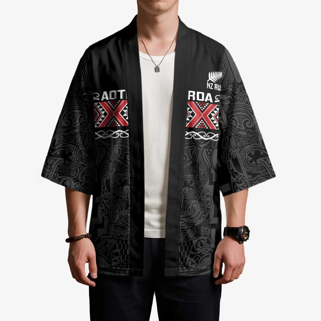 Custom New Zealand Silver Fern Rugby Kimono All Black Maori Taniko Pattern - Polynesian Pride