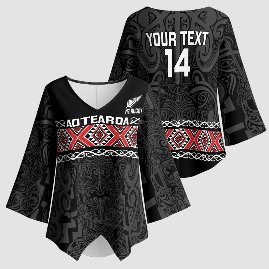 Custom New Zealand Silver Fern Rugby Kimono Sleeve Blouse All Black Maori Taniko Pattern - Polynesian Pride
