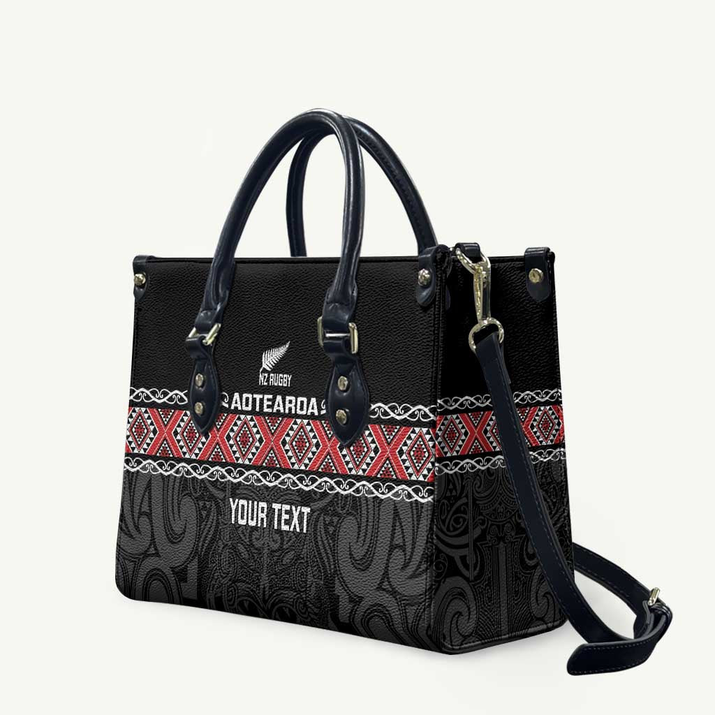 Custom New Zealand Silver Fern Rugby Leather Bag All Black Maori Taniko Pattern - Polynesian Pride