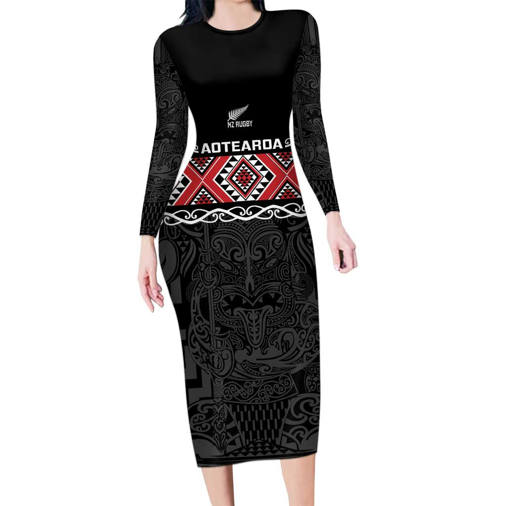 Custom New Zealand Silver Fern Rugby Long Sleeve Bodycon Dress All Black Maori Taniko Pattern